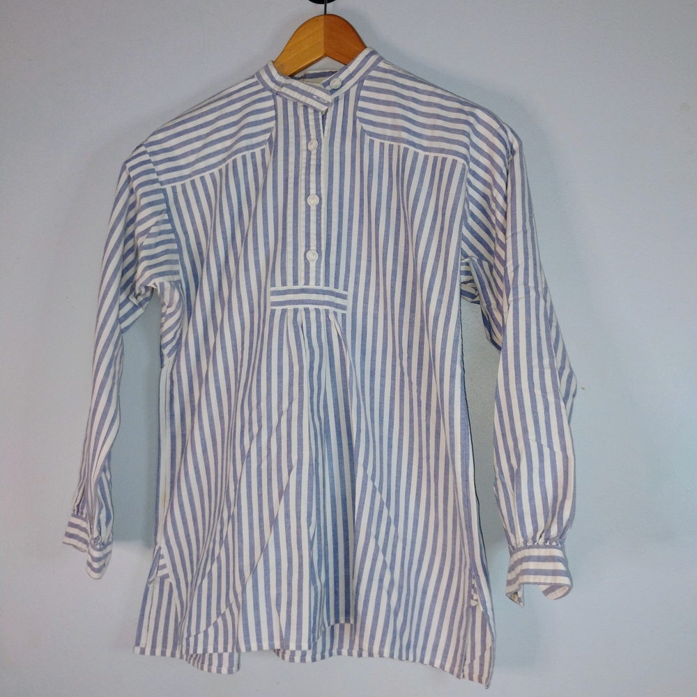 Lands' End Blue White Striped Long Sleeve Mock Neck Casual Blouse 100% Cotton 6